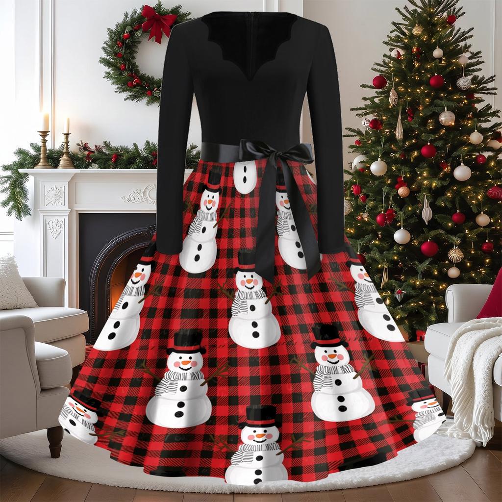 Women's Casual Vintage V-Neck Long Sleeve Dress with Christmas Print