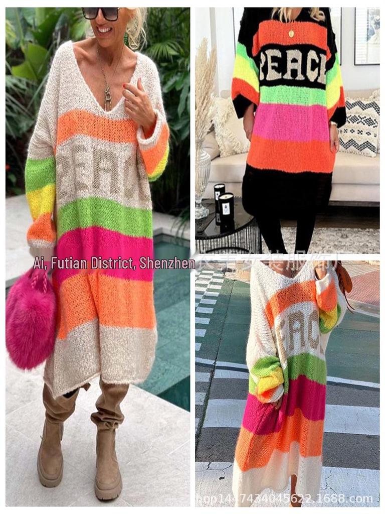 2025 Spring/Autumn Women's Rainbow Stripe V-neck Loose Knit Sweater - 3 Colors Available