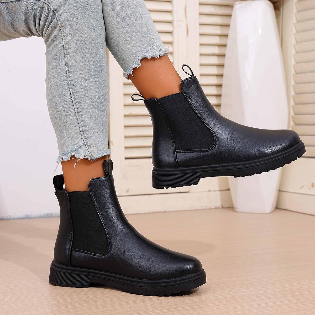 

Womens Boots Casual Chelsea Ankle Boots Round Toe Black PU Leather Short Boots Woman Comfort Low Heels Slip on Shoes Botas Mujer 43