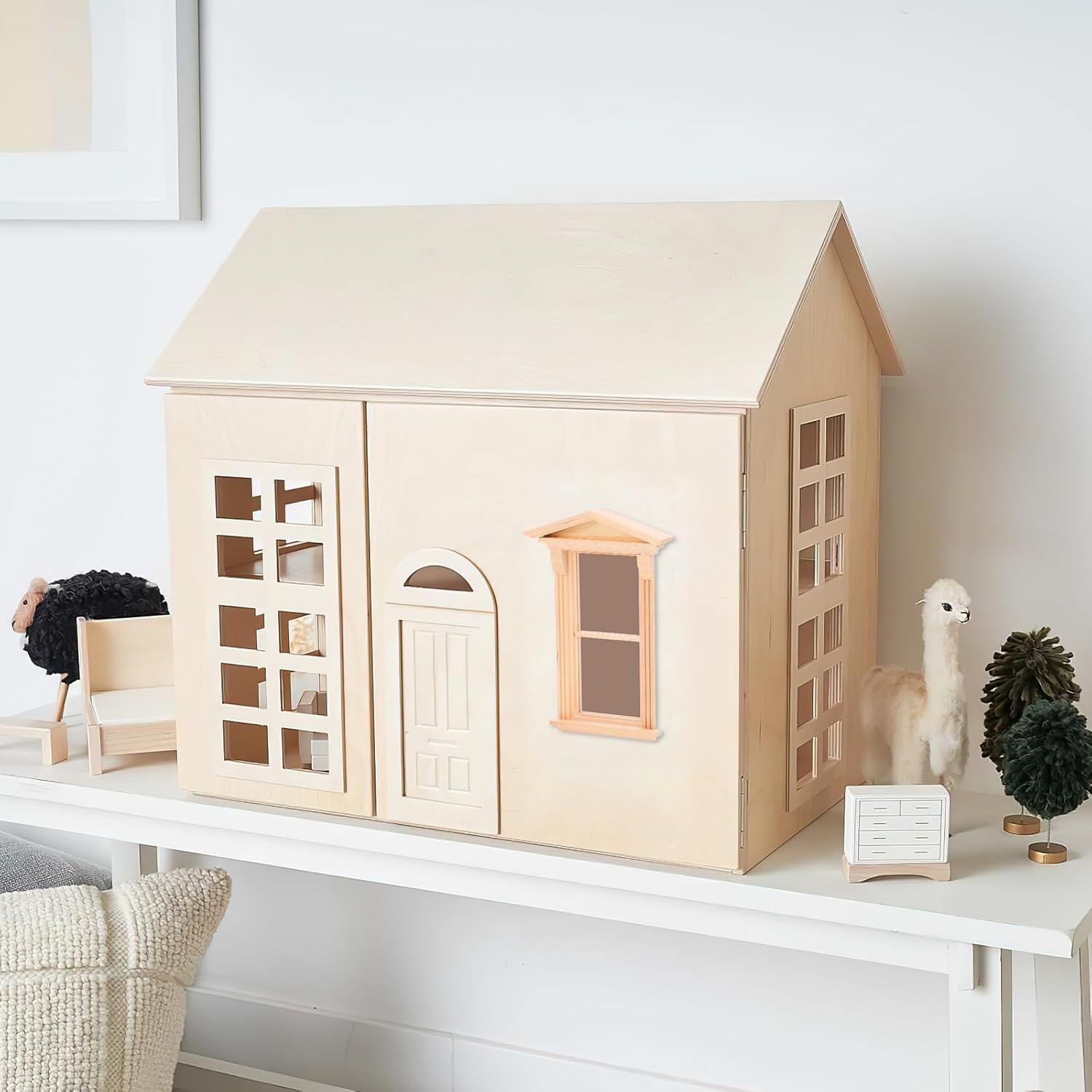TOYANDONA Mini Toys - 2-Piece Windows Wooden Miniature Scene - Doll Home Craft Ornament - Doll House Furniture - Mini Furniture - Unpainted Miniature