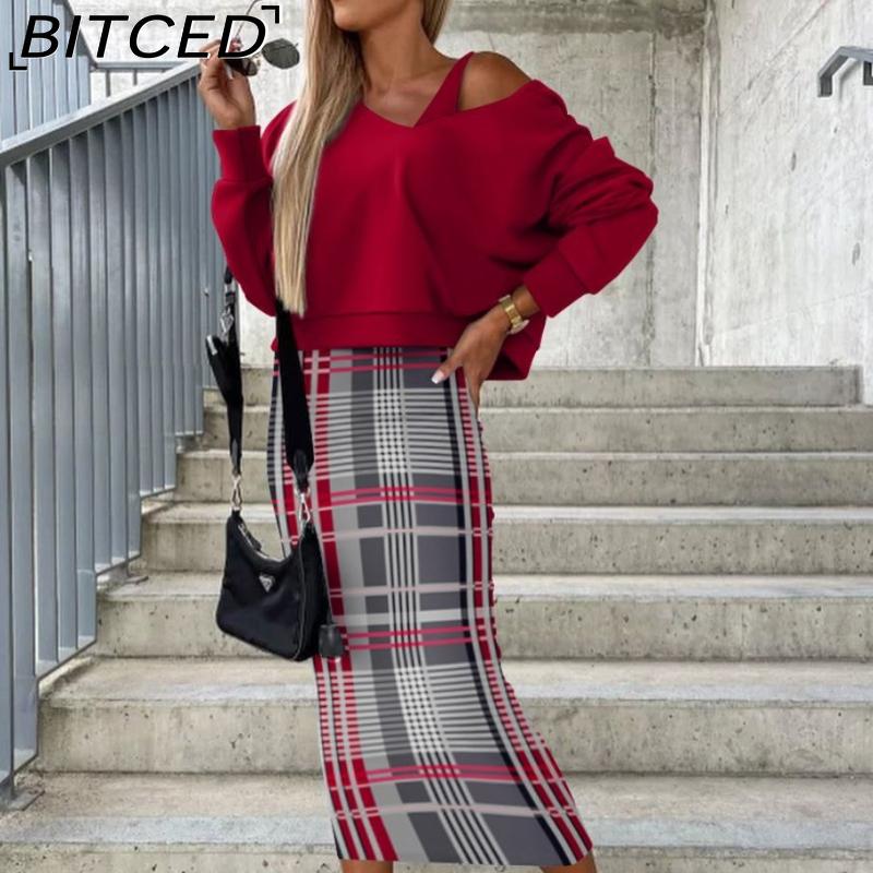 

BITCED Women s Autumn and Winter New Fashion Bat Sleeve Sweatshirt Long Skirt Package Hip Set Skirt