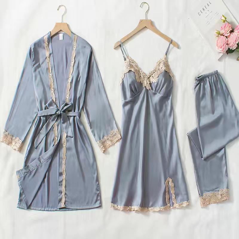 Women's Summer Silk Pajama Set: 5-Piece Long Sleeve, Lace Trim Camisole, Shorts & Pants