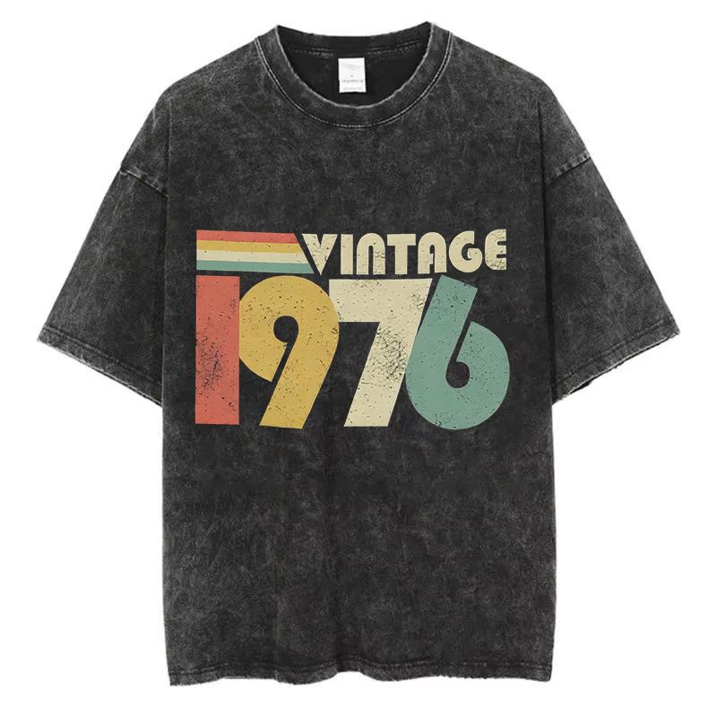 Vintage 1976 TShirt Washed Cotton 50th Birthday Graphic Tee Men Women Acid Wash Short Sleeve Retro Streetwear Shirt