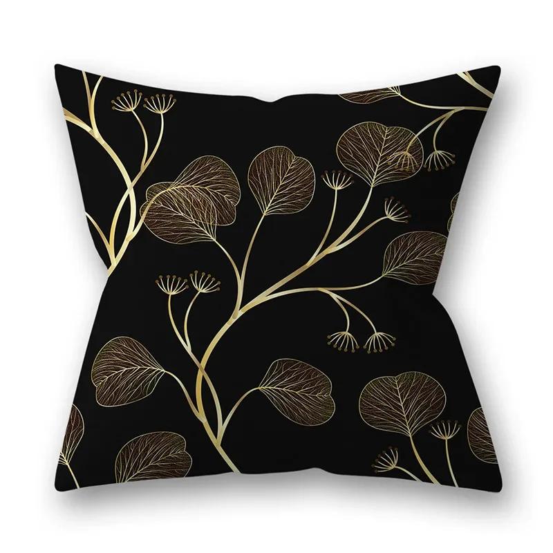 45x45cm Golden Feather Black Pillowcase Custom Leaves Plants Cushion Cover Sofa Living Room Home Decor Square Pillowslip