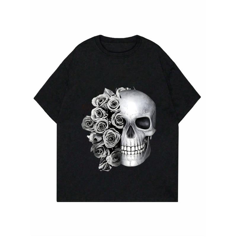 Women Casual Round Neck T Shirt Black Skull and Roses Print Fashion Top Daily Wear Street Style Outfit