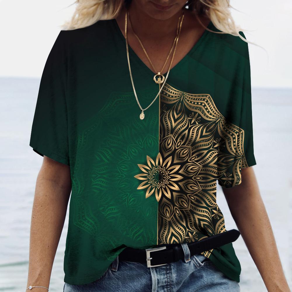 2023 neue frauen Kleidung Sommer Print T Shirt Mandala Gradienten Kurzarm Tops V-ausschnitt Pullover T-shirts Casual Streetwear plus Größe 5XL