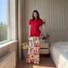  European and  women's new French V-neck short-sleeved waist cardigan floral wide pendulum long skirt set