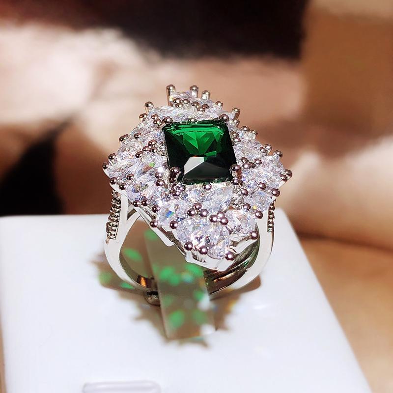 Luxury Full Diamond Princess Square Ring Emerald Simulation Open Ring Female Tourmaline Copper