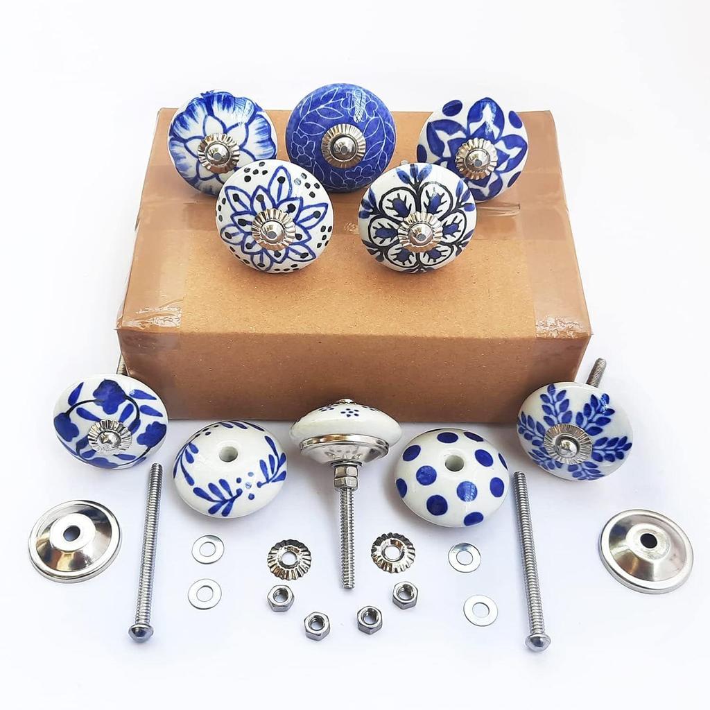 Vintage Hand Painted Ceramic Pull Knobs for Kitchen Cabinet, Door & Drawer, Wardrobe, Cupboard (Set of 10)