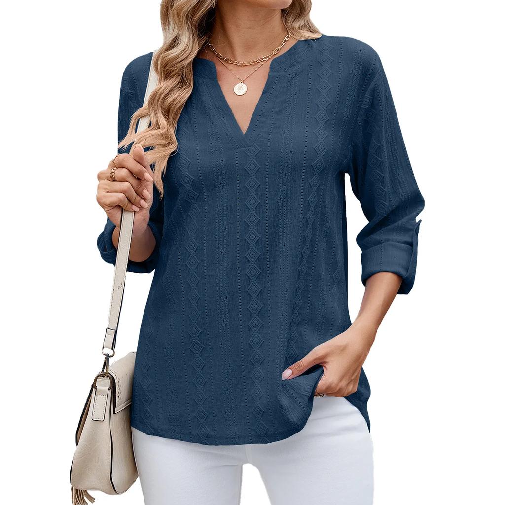 Women's Casual Three-Quarter Sleeve T-Shirt V-Neck Cut-Out Solid Color Top with Cufflinks Versatile Commuter T-Shirt