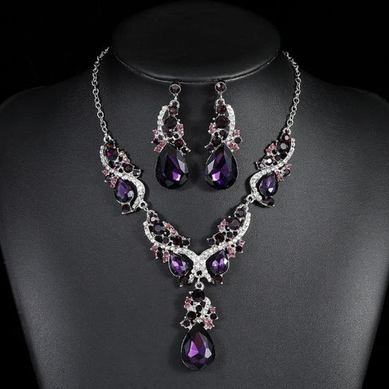 Women Necklace Earrings Rhinestone Luxury Hollow Symmetric Retro Set Out Anti-allergy Hanging Earrings Bridal Wedding