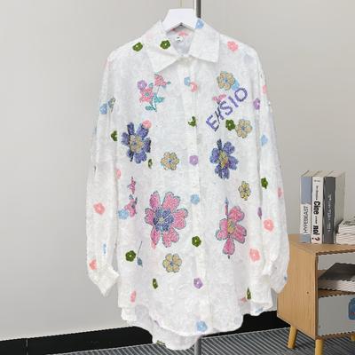 Fashion Flowers Casual Loose Shirts for Women Spring and Autumn New Long Sleeve Women's Blouses Tops Elegant Single Breasted Simple Ladies Shirt 25835