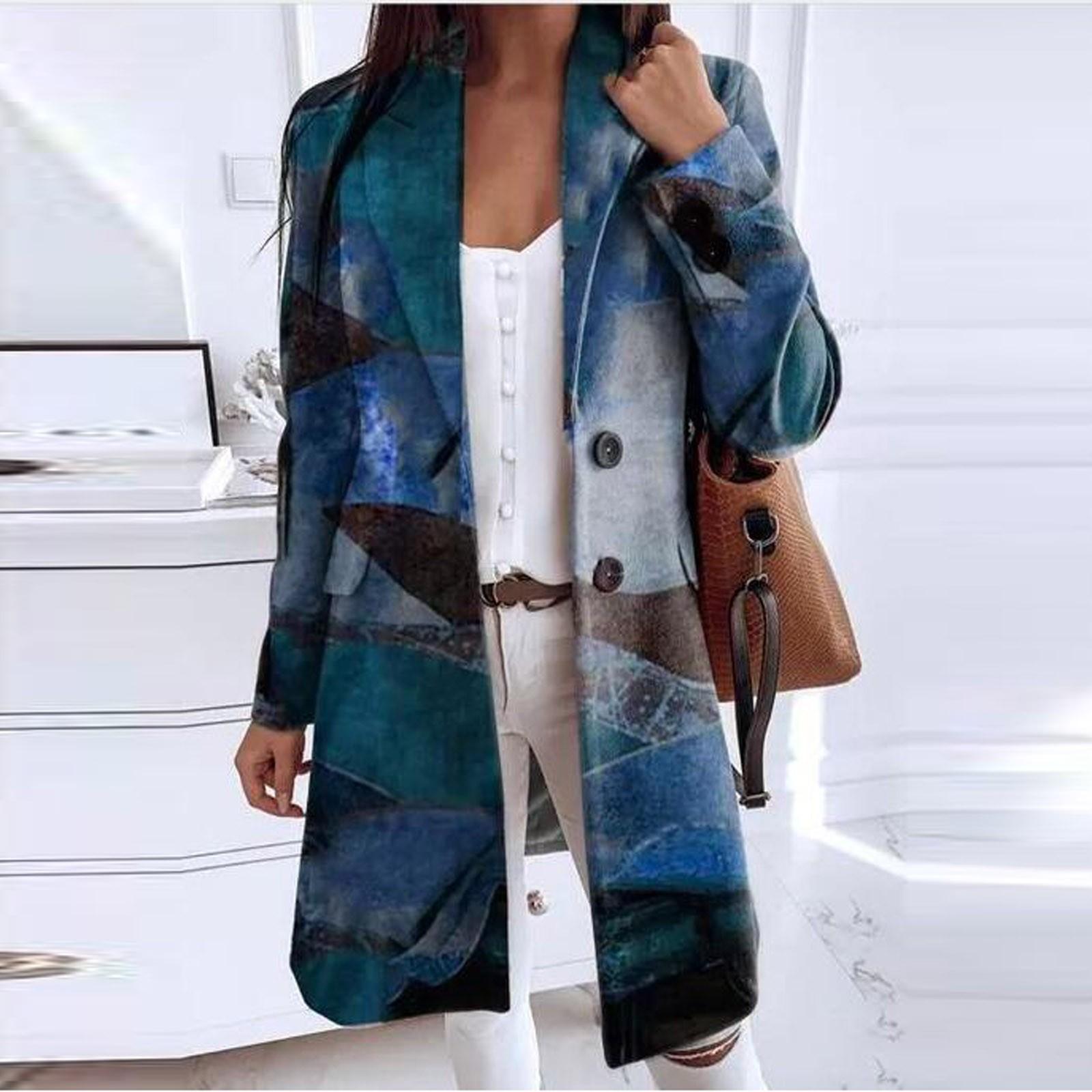 

Женская модная свободная шерстяная куртка средней длины на пуговицах с лацканами и принтом XXXL