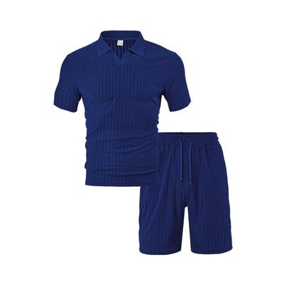 Mens Casual Solid Ribbed Short Sleeve Polo Shirt And Shorts Set