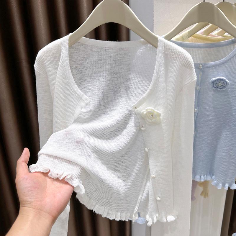 Korean Style Ruffle Flower Knit Sun Protection Cardigan for Women - Spring 2026