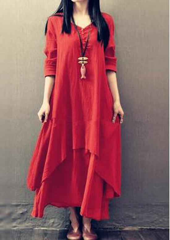 2024 Spring/Autumn Faux Two-Piece Long Sleeve Cotton Linen Dress with Large Hem