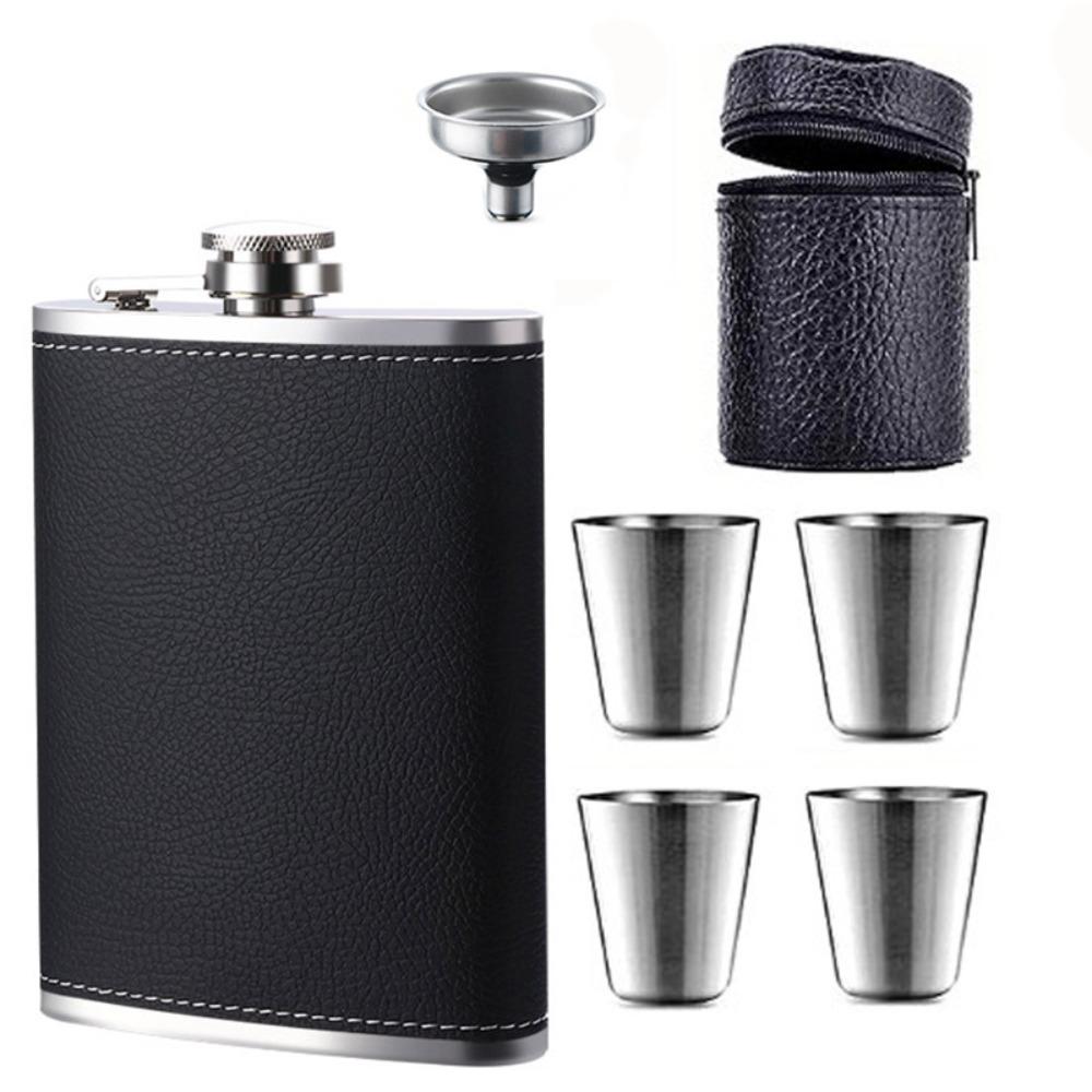 Stainless Steel Flagon with Funnel and Cups Whiskey Flasks Leather Texture Hip Flask Outdoor