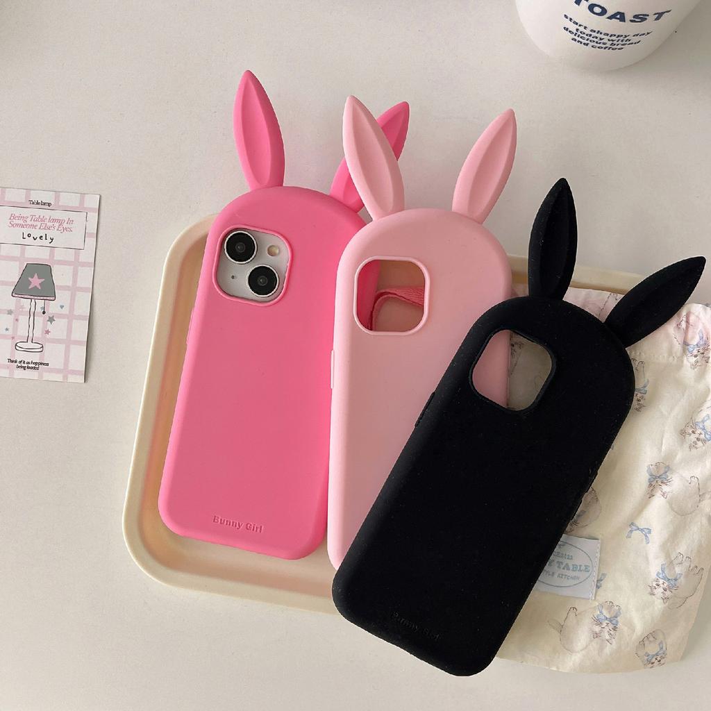 For iPhone 15 Silicone Case Cute Rabbit Ear Design Shockproof Phone Back Cover