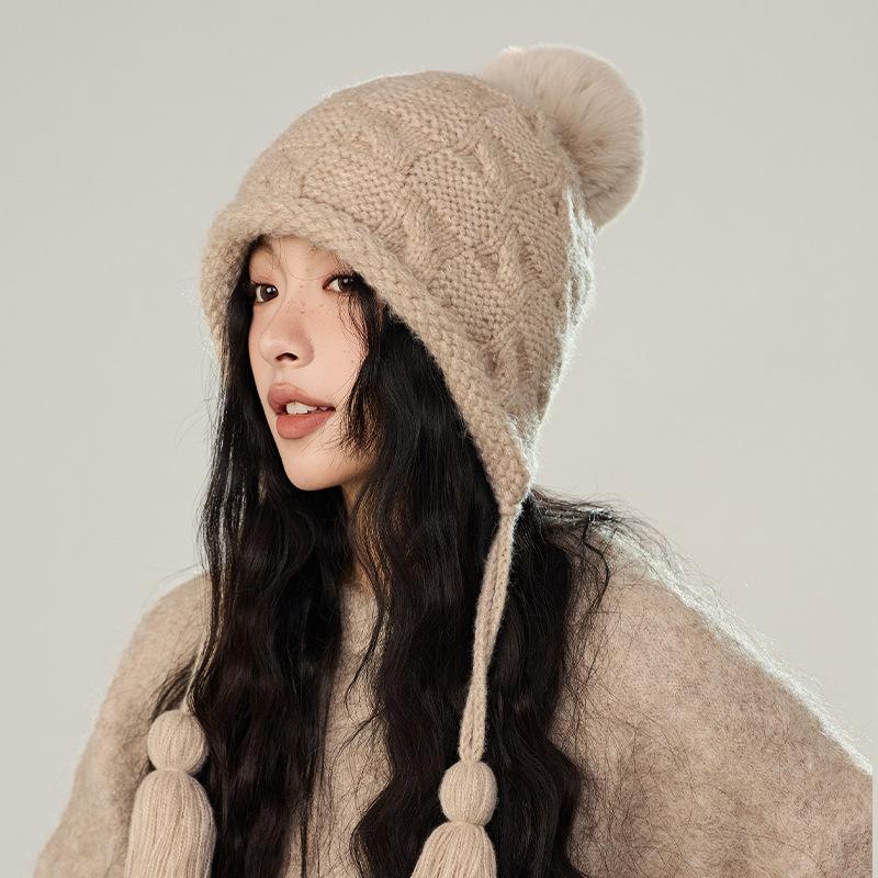 Winter Solid Color Fringed Hairball Knitted Hat Women's Wool Hat Fashion Ear Hat