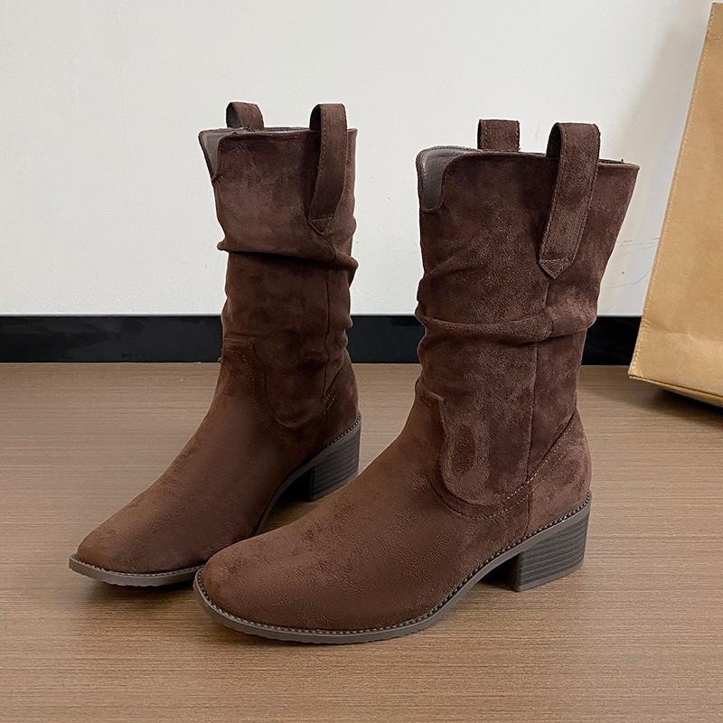 

Cowhide version autumn and winter new western cowboy stacking boots women s retro style small thick heel high heel medium boots 40 темно-коричневого кольору