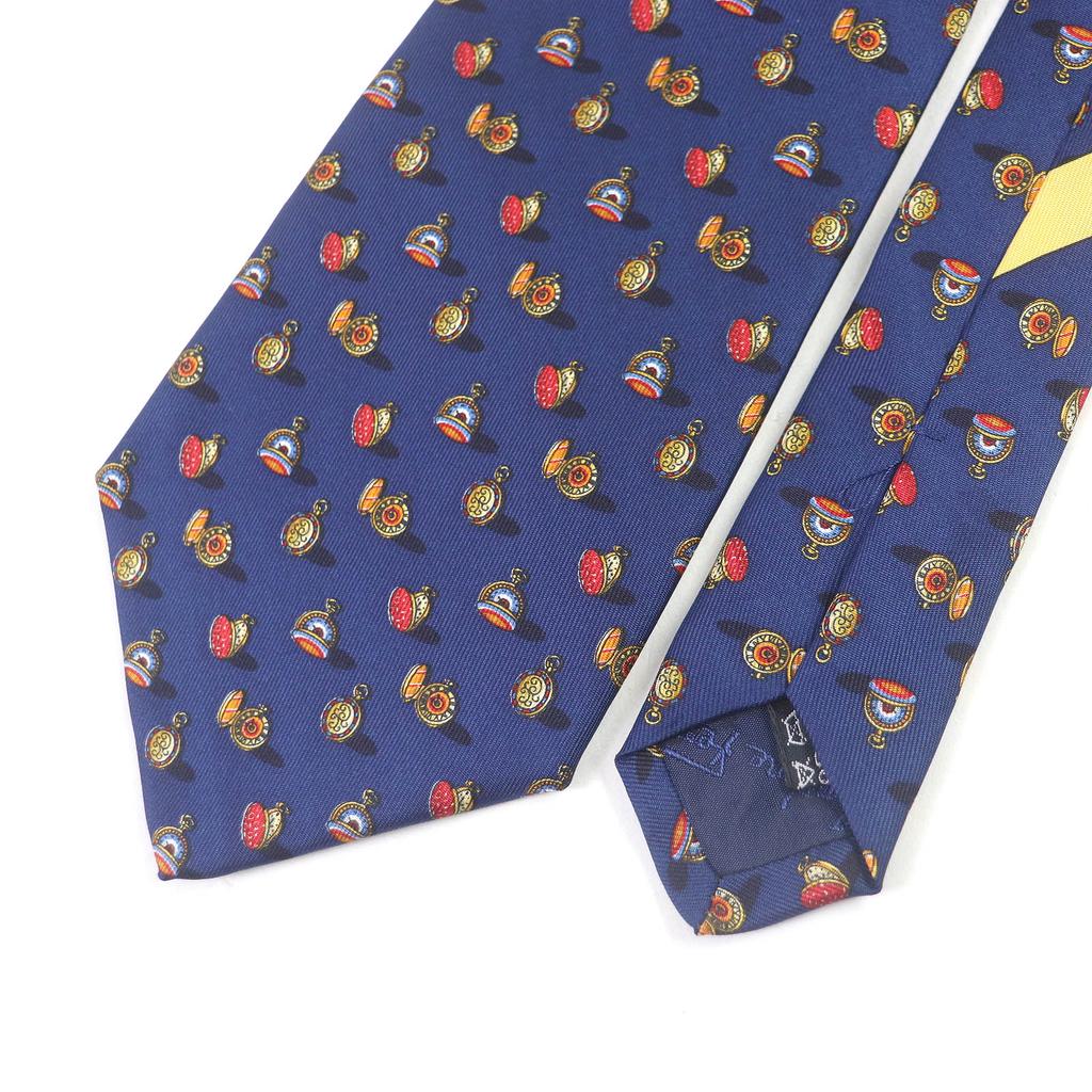 Salvatore Ferragamo tie Pocket watch all-over pattern wide tie Navy silk mens Used