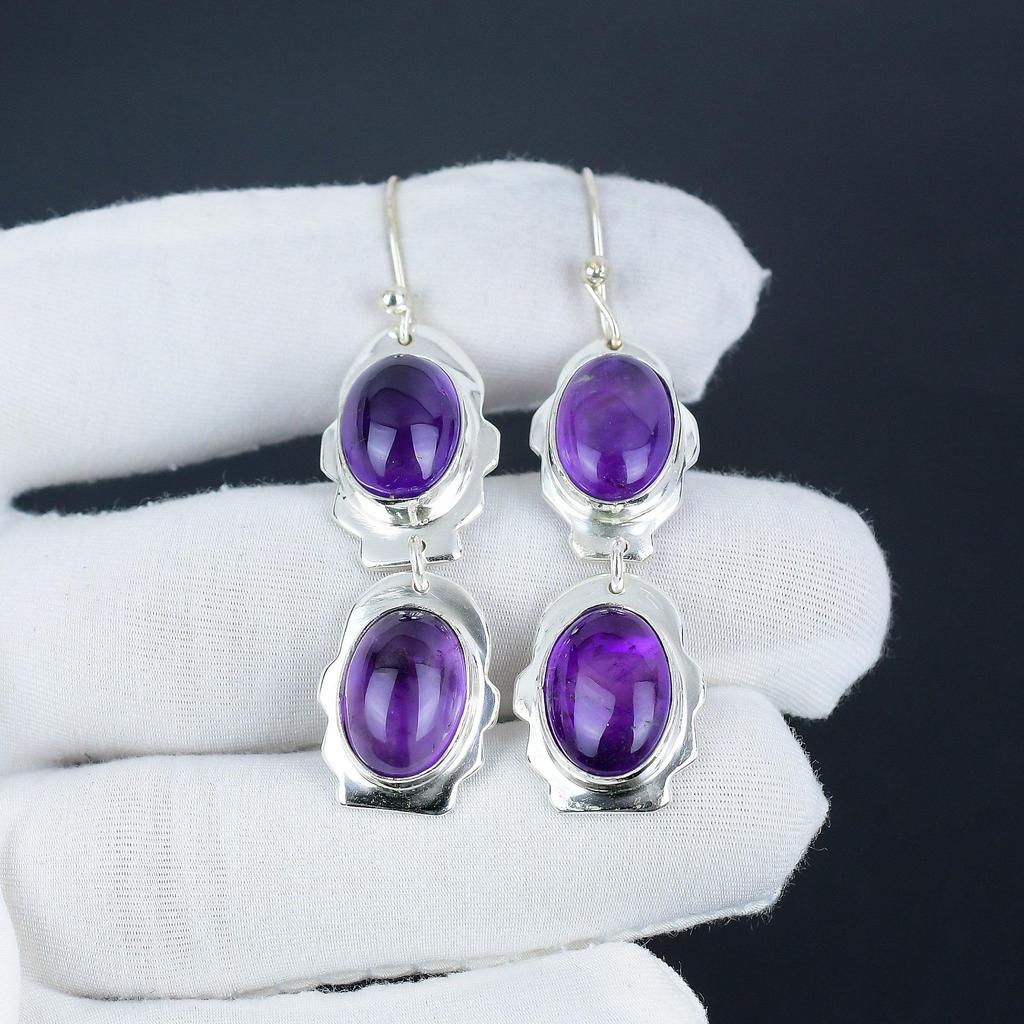 Natural Amethyst Gemstone Hook Earrings 925 Sterling Silver Earring, Handmade Boho Silver Jewelry Dangle Earrings, Party Wear Gifts