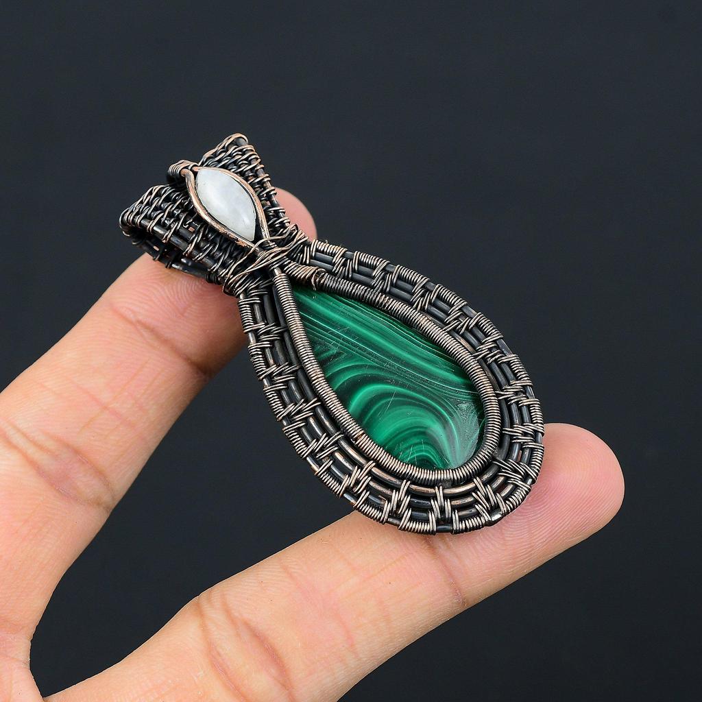 Malachite & Moonstone Gemstone Pendant Handmade Jewelry, 999 Copper Wire Wrapped Pendant Jewelry