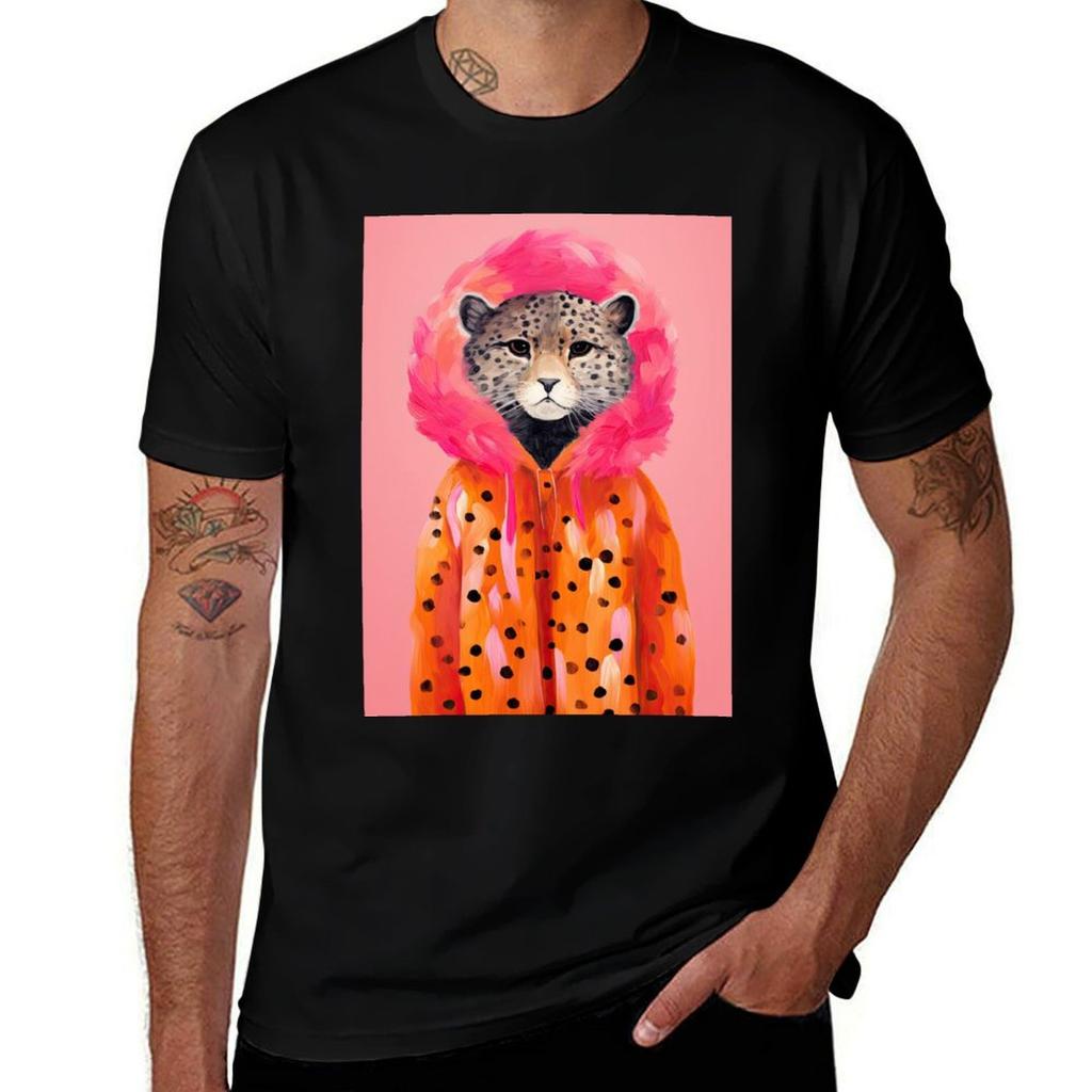 Watercolor Leopard In Orange Fur Coat Funky Animal Fashion Art Print Tshirt Casual Loose Fit Short Sleeve Tshirt