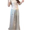 Korean Style Light Blue Plaid Embroidered High-Waisted Wide-Leg Pants