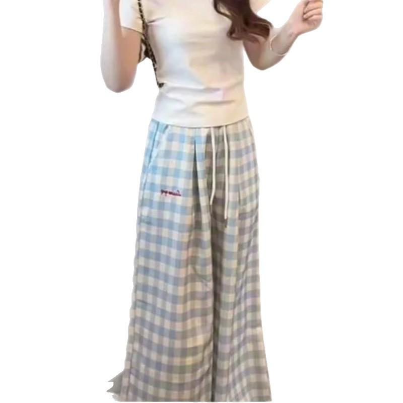 Korean Style Light Blue Plaid Embroidered High-Waisted Wide-Leg Pants