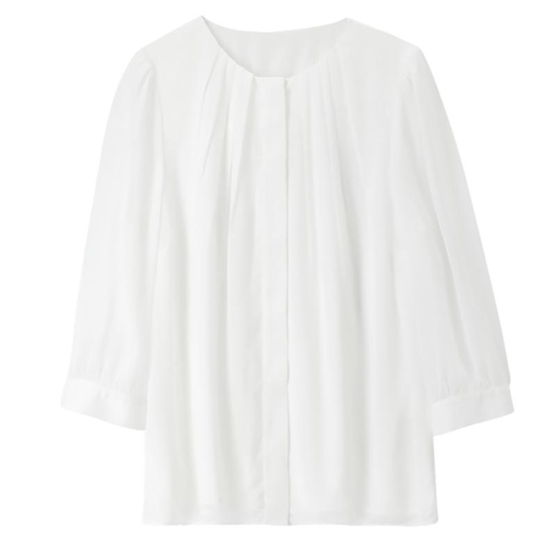 Fashion Crew Neck White Pleated Chiffon Shirt Women's 2025 Spring Summer Loose Casual Blouse Commuter Seven-quarter Sleeve Top Simple Clothes 2741