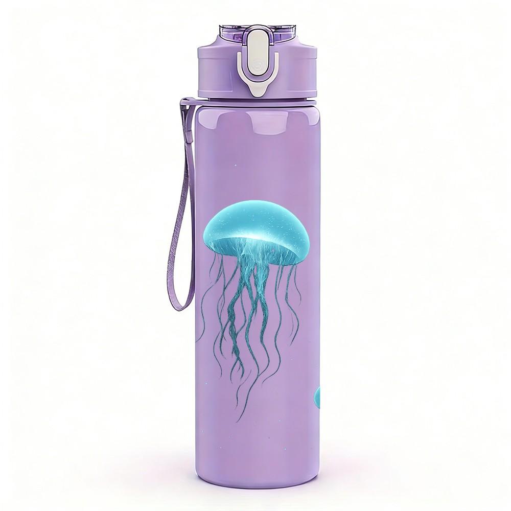 1PC Transparent Blue Jellyfish Underwater Ocean Print 750ml Color Plastic Sports Water Bottle Leakproof Flip Straw Lid Suitable for Sports Office Use