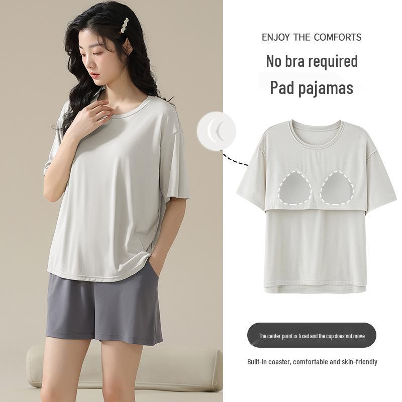 Women's Summer Modal Pajama Set with Chest Pad - Short Sleeve and Shorts, Cool Rayon, Anti-Bump, Suitable for Outdoor Wear