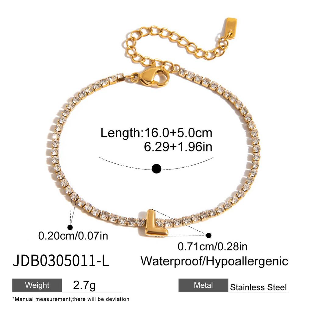 J&D 18K Gold Plate Stainless Steel Bracelet Trendy Classic Waterproof White Zircon Letter Chain Bracelet