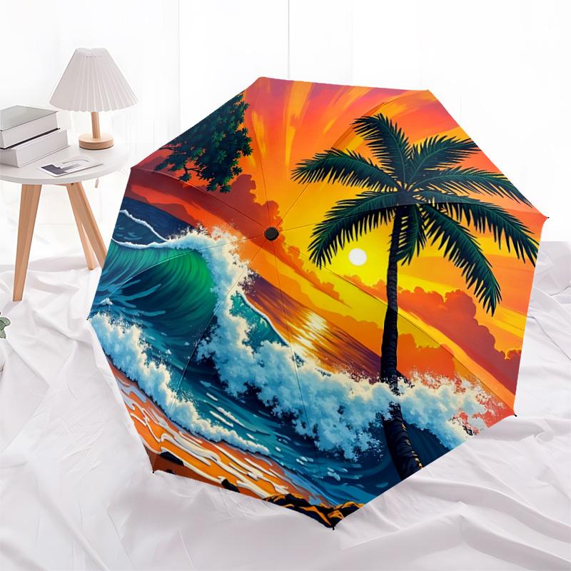1pc Sunset Palm Automatic Opening/Closing Folding Umbrella with 8 Ribs,Windproof Portable Sunshade Umbrella Holiday gift yy260401054