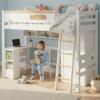 Lit superposé, avec barrière de protection anti-chute, avec table et armoire, espace de rangement spacieux, avec échelle à quatre marches, Pin+MDF+Contreplaqué, Blanc+Naturel, 90x200cm
