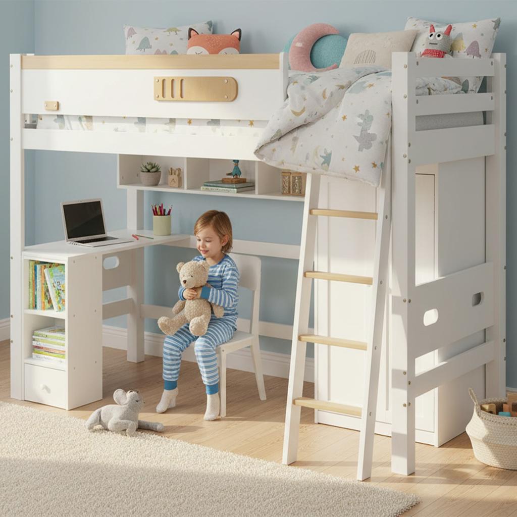 Bunk Bed, with Fall Protection Rail, with Table and Wardrobe, Ample Storage Space, with Four-Step Ladder, Pine+MDF+Plywood, White+Natural, 90x200cm