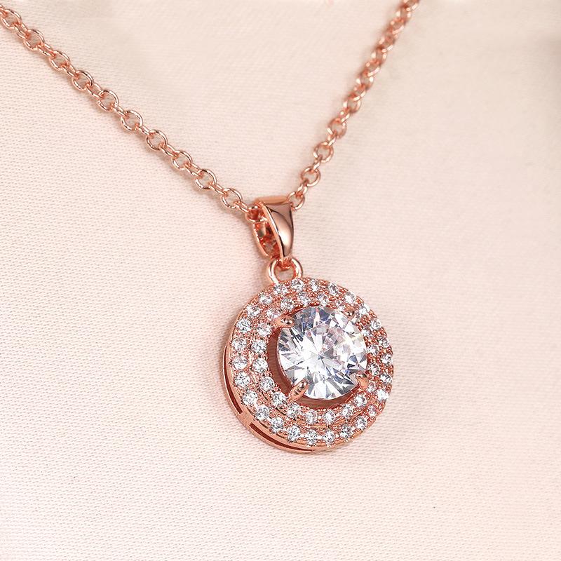Rose Gold Plated Double Halo Round CZ Pendant Necklace, Elegant Sunburst Cable Chain Necklace for Women