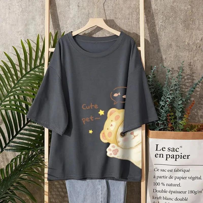 T-shirt Women Casual Large Size Loose Round Neck Printed Pullover Short-sleeved Tops