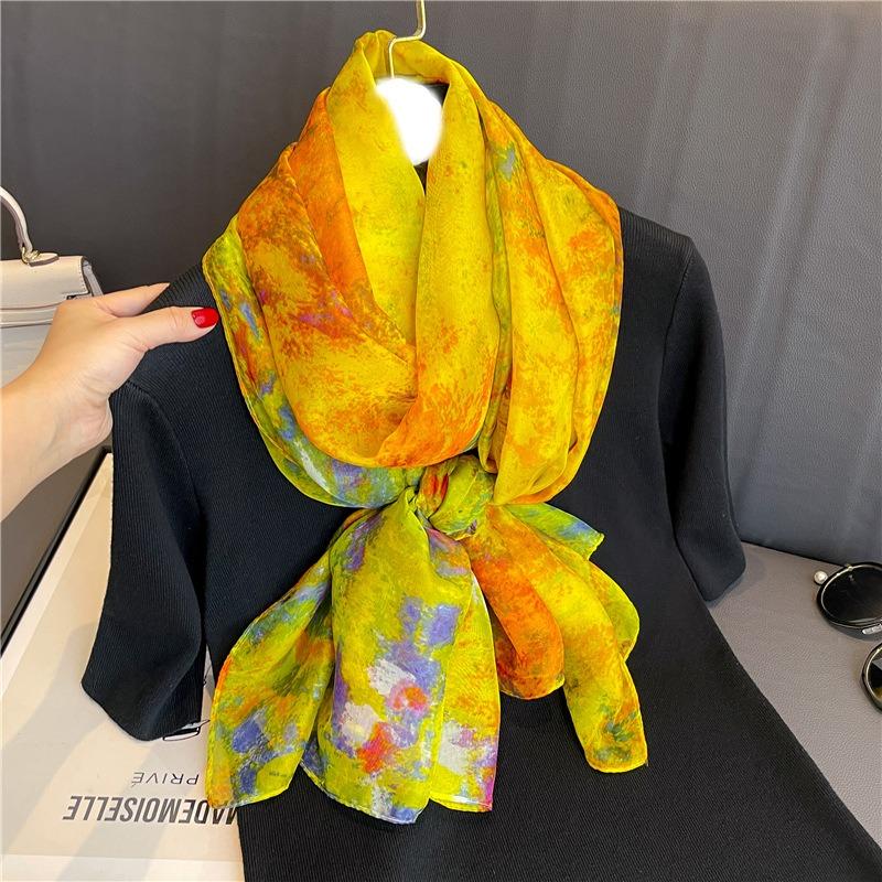 Yellow imitation silk temperament large shawl soft yarn scarf women's large size pattern scarf silk scarf commuter sun protection light luxury