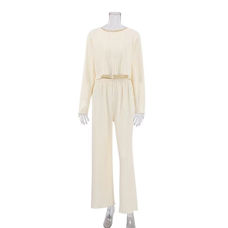 

Fashion Sexy Cutout Long Sleeve Short Top Pants Suit Hollow out Top and Pants Set Beige S