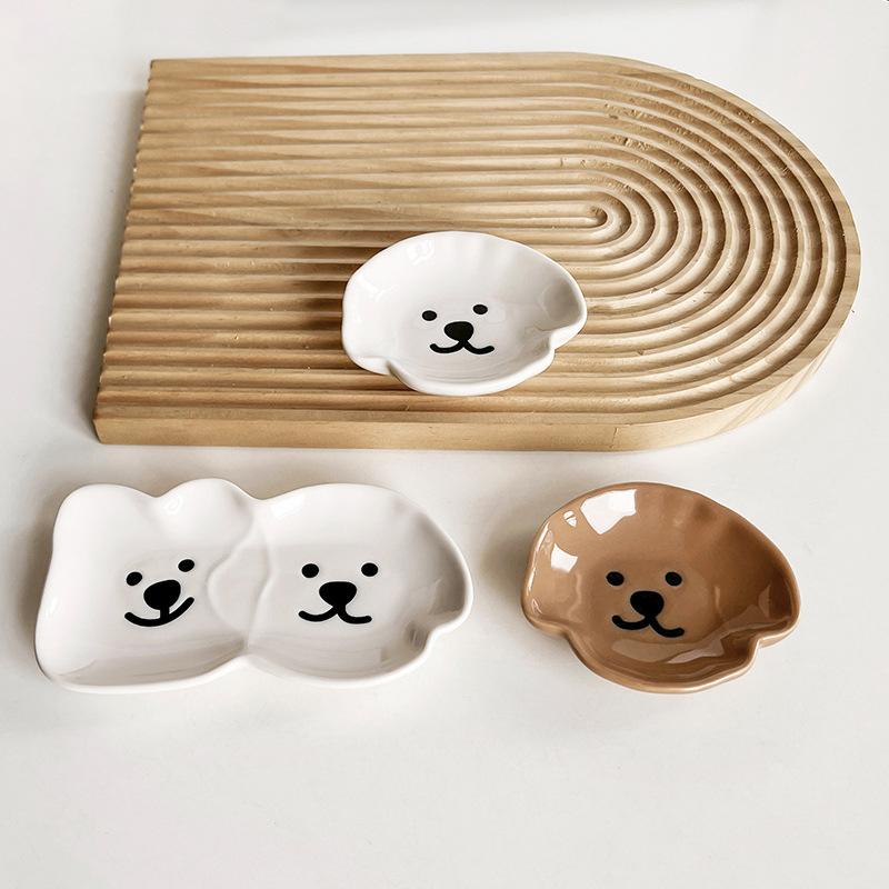 Adorable Ceramic Sauce Dish With Cute Dog & Bear Design - Single/Double Compartment Dip Bowl For Condiments, Snacks, Sushi, Soy