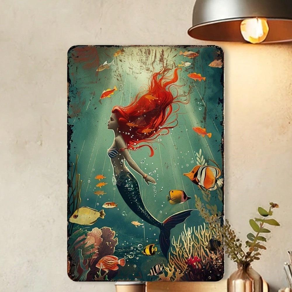 Vintage Tin Sign Mermaid Ocean Wall Art Rustic Metal Decor 8x12 Inch