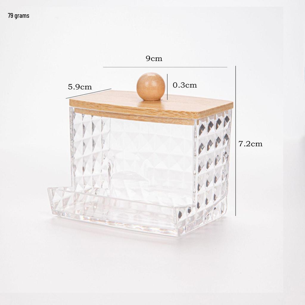 Suport transparent pentru bețișoare de bumbac cu model de diamant - capac din bambus, cutie rotundă portabilă pentru depozitarea cosmeticelor