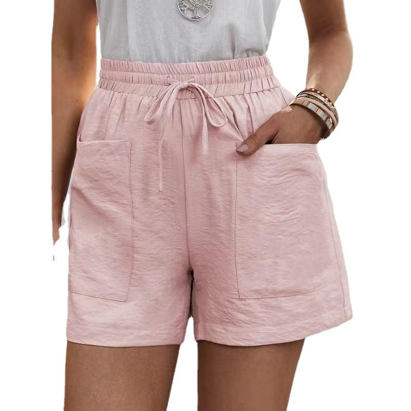 Summer Women's High-Waist Linen Pocket Shorts - Loose Fit, Plus Size, Solid Color, Casual Fashion