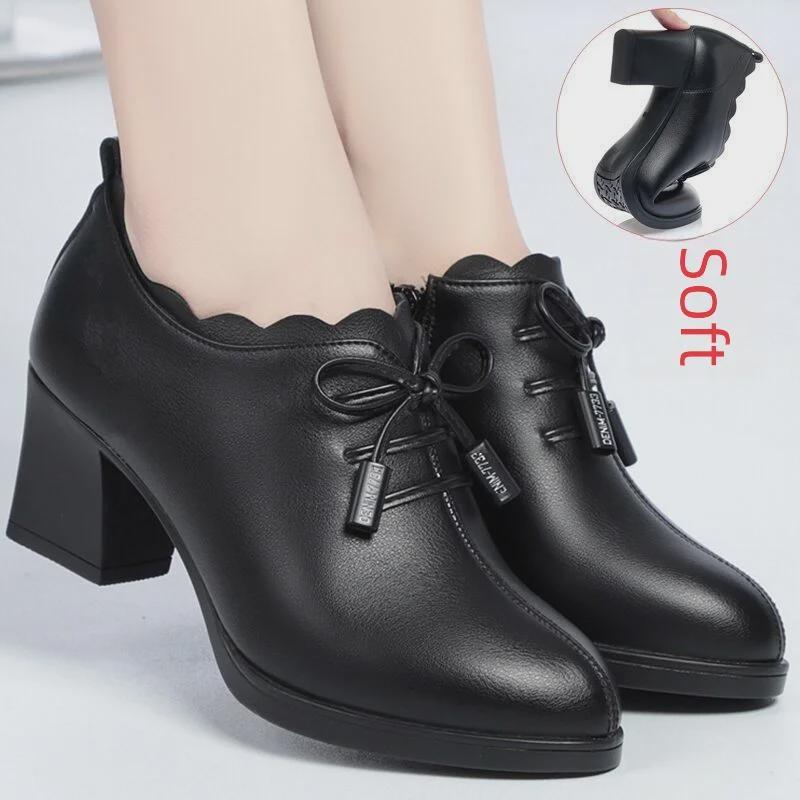 Spring 2025 Mid-Heeled Leather Bow Shoes for Women - Soft, Versatile, Comfortable High Heels