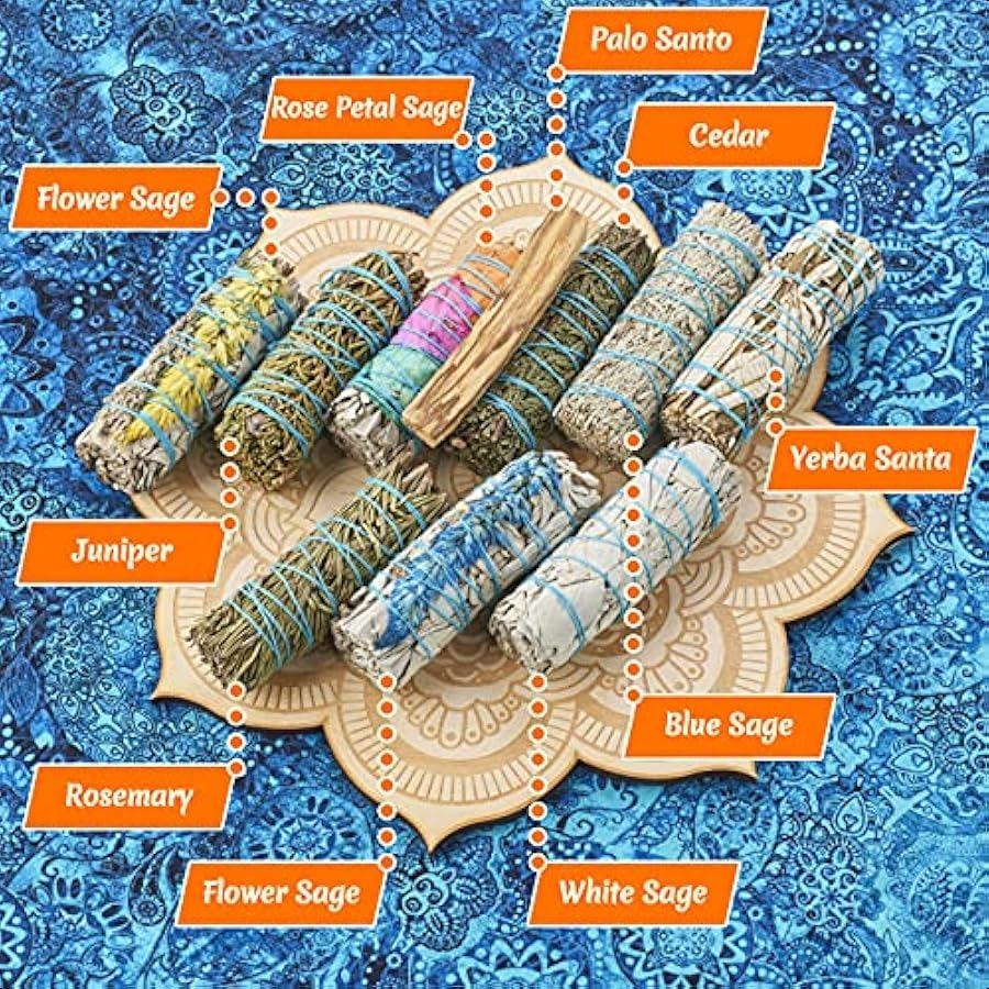 10 Sage Smudge Sticks ~ White Sage Rosemary Cedar Juniper Palo Santo 3 Flower Sages Blue Sage Yerba Santa Smudge Kit Unique Nat
