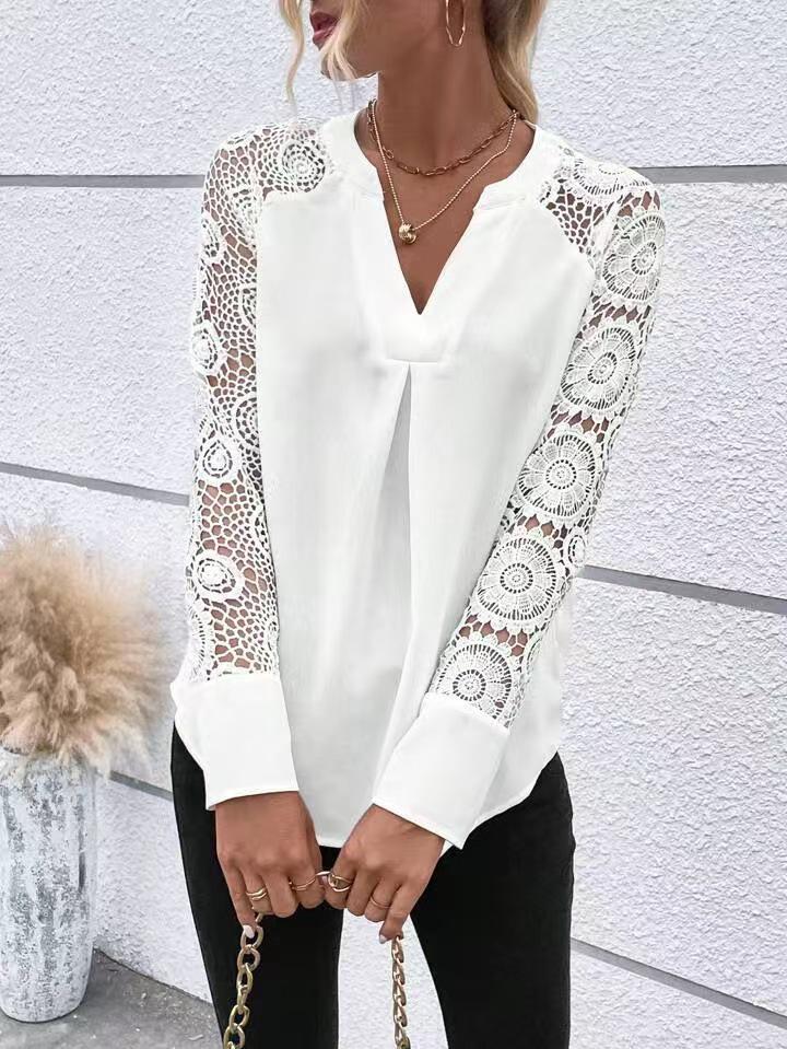 Women's White Lace V-Neck Long Sleeve Ruffle Blouse for Spring and Autumn