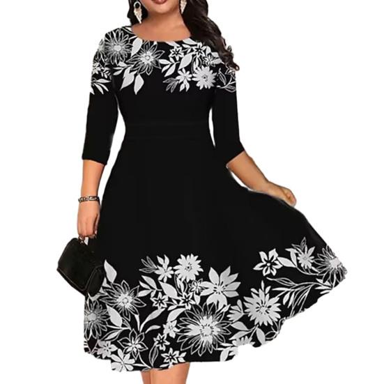 Summer O-neck 45720 Sleeve Midi Dress Butterflies Flower Printing Waist Tight Loose
