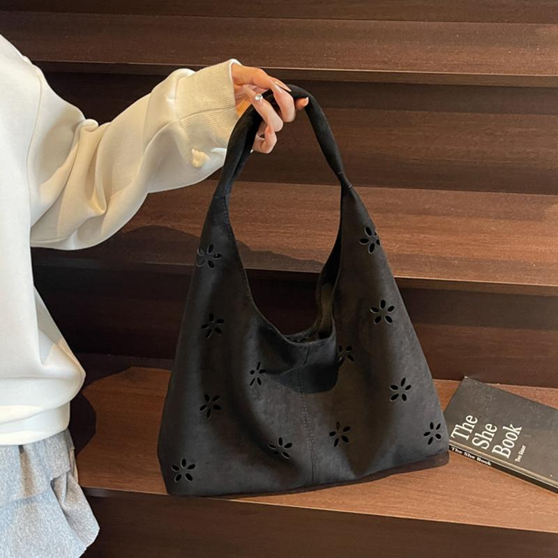 Faux Suede Women's Hollow Flower Shoulder Bags Matte Leather Female Underarm Bag Vintage Large Capacity Female Tote Handbags